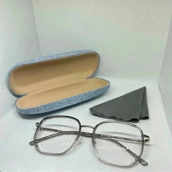 Clear and Silver Tone Frame Blue Light Blocking Optical Glasses with Hard Case - Picture 2 of 4